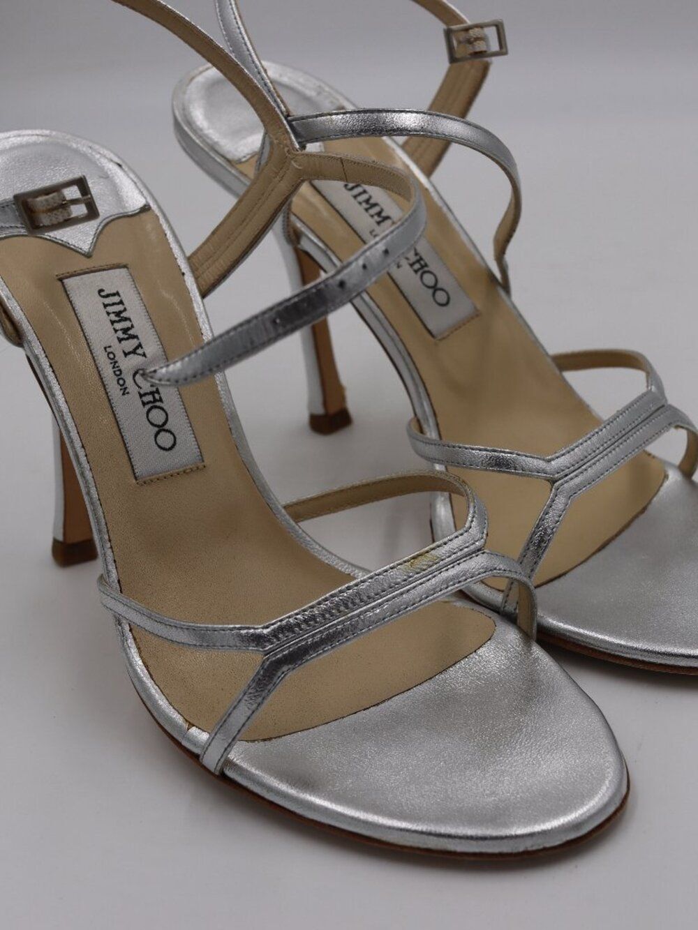 Jimmy Choo Mitsu Metallic Silver Nappa Ankle Strap Heeled Sandals 39